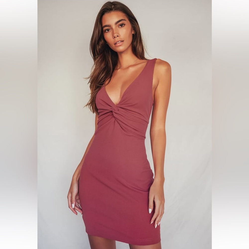 Lulu’s Must be a twist of fate rose twist bodycon dress